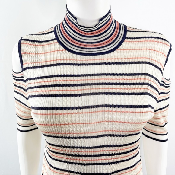 Authentic FENDI Tan Striped Cold Shoulder Mock Neck Sweater Top Size US 8 - Picture 3 of 14